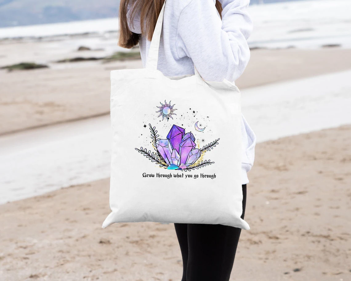 grow through what you go through canvas tote bag vintage women witchy crystals magic shopping bags