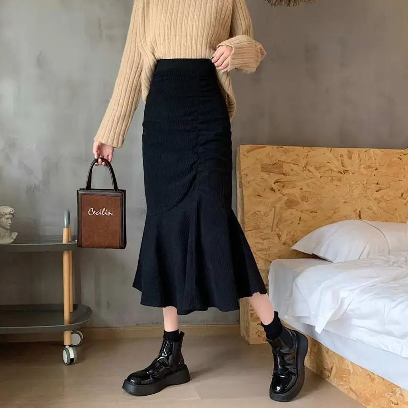 Women\'s Autumn Fashion Simplicity Solid Color High Waist A-line Skirt Women Clothes Office Lady All-match Temperament Skirt