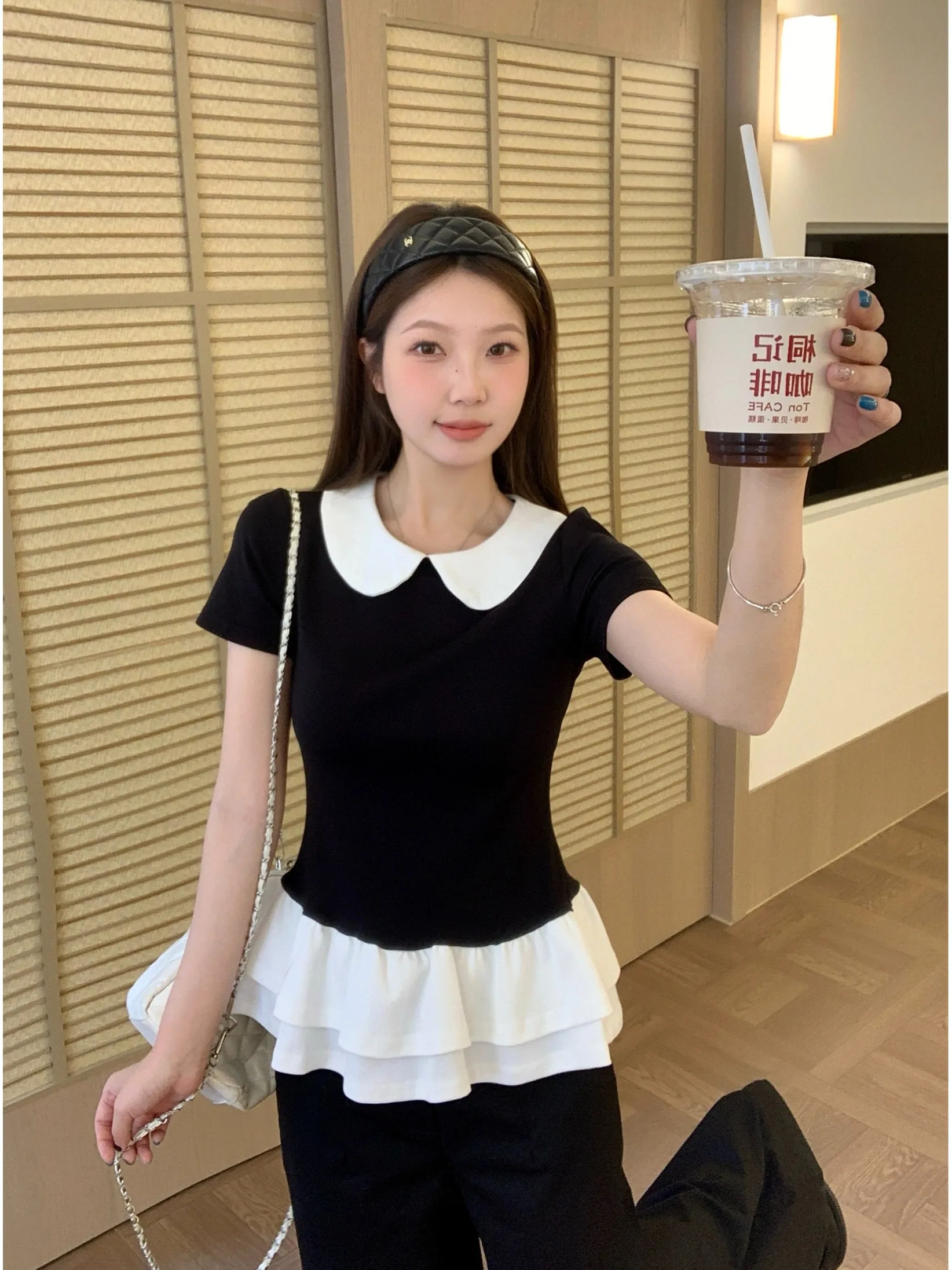 

plus Size Women's T-Shirt Short Sleeve Doll Collar Slimming Color Block Design Lace Trim Korean Style Commute Fashion Summer Top