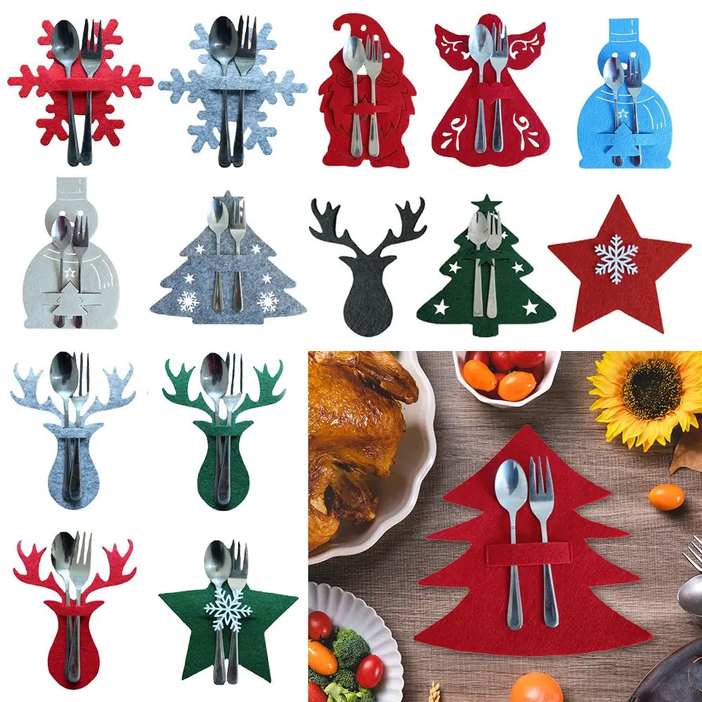 4Pcs Supplies Snowflake Cutlery Pocket Santa Claus Christmas Knife Fork Holder Table Decorations Tableware Organizer Cutlery Bag