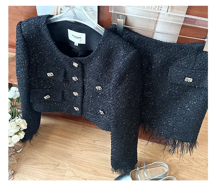 New in Matching Sets  2024 New Luxury Black Tweed Splicing Feather Short Tweed Jacket and Skirt Set 2 Piece Sets Women Outfit