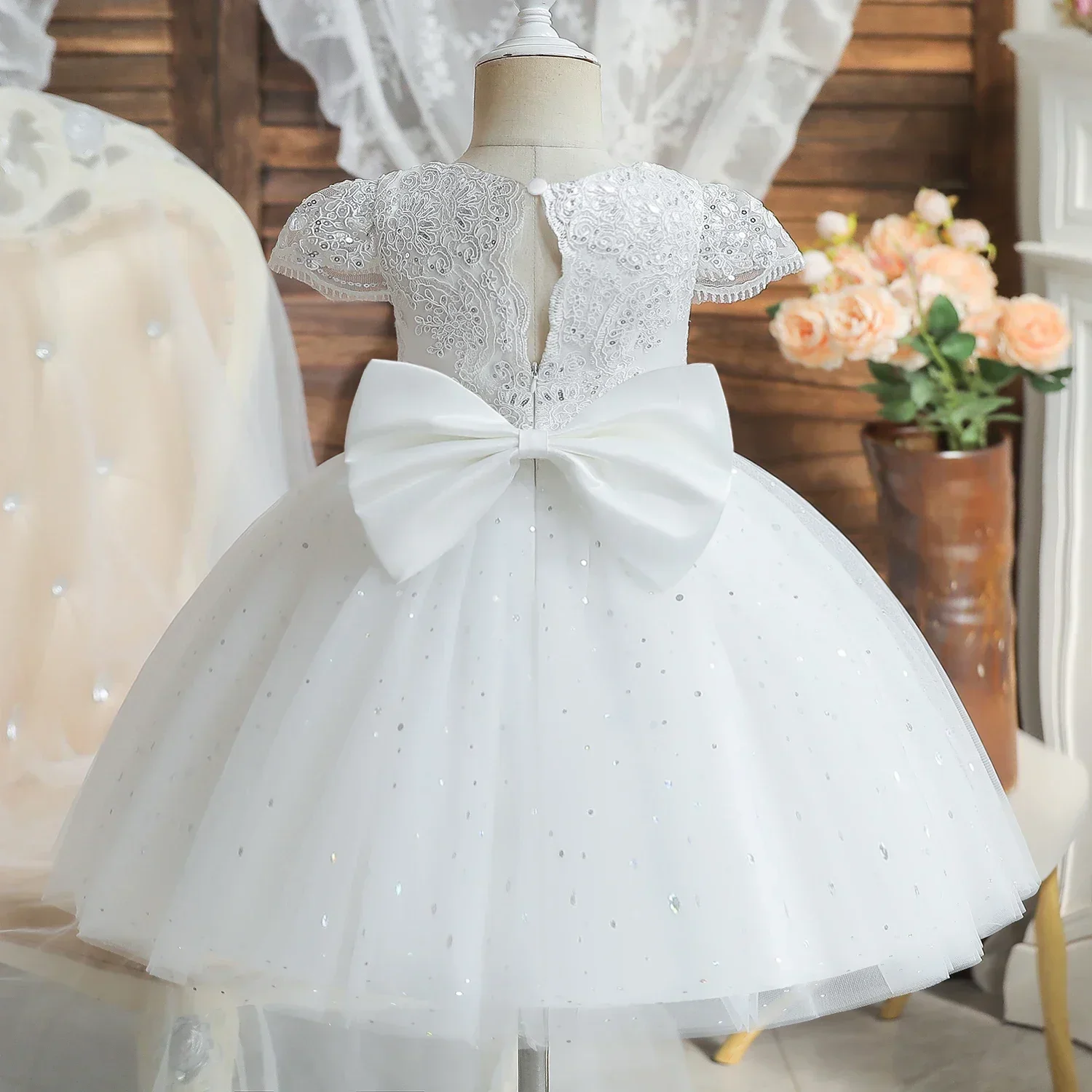 Toddler White Flower Baptism Dress for Baby Girls Newborn Infant Birthday Party Baptism Gown Sequin Wedding Christening Dresses