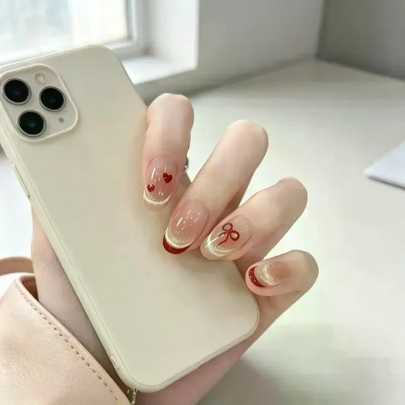 False Nails Short Square-Shaped 16mm Nails Bows And Hearts Pattern Cat-Eye Decoration Glue-Free