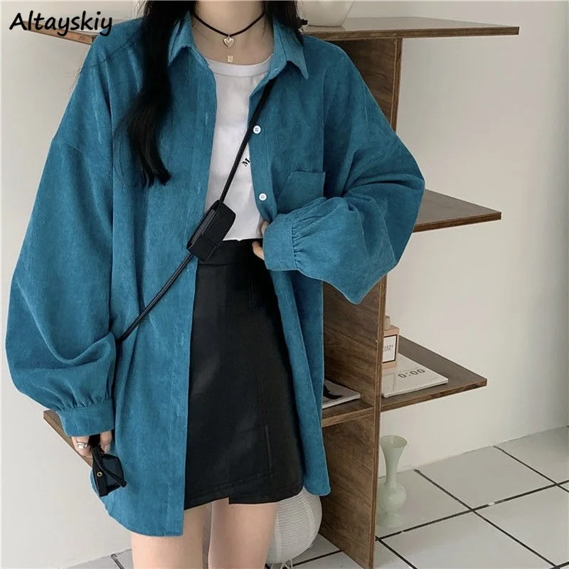 

Shirt Women Corduroy Turn-down Collar Retro Classic Button Up Tops Autumn Warm Harajuku BF Streetwear Long Sleeve All-match New