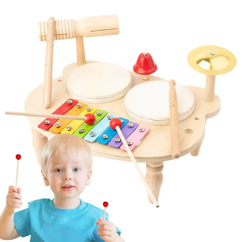 

Children Drum Set Wooden Xylophone Drum Set Kids Sensory Educational Drums Fun Musical Play Drum Kit All In 1 For Boys & Girls 1