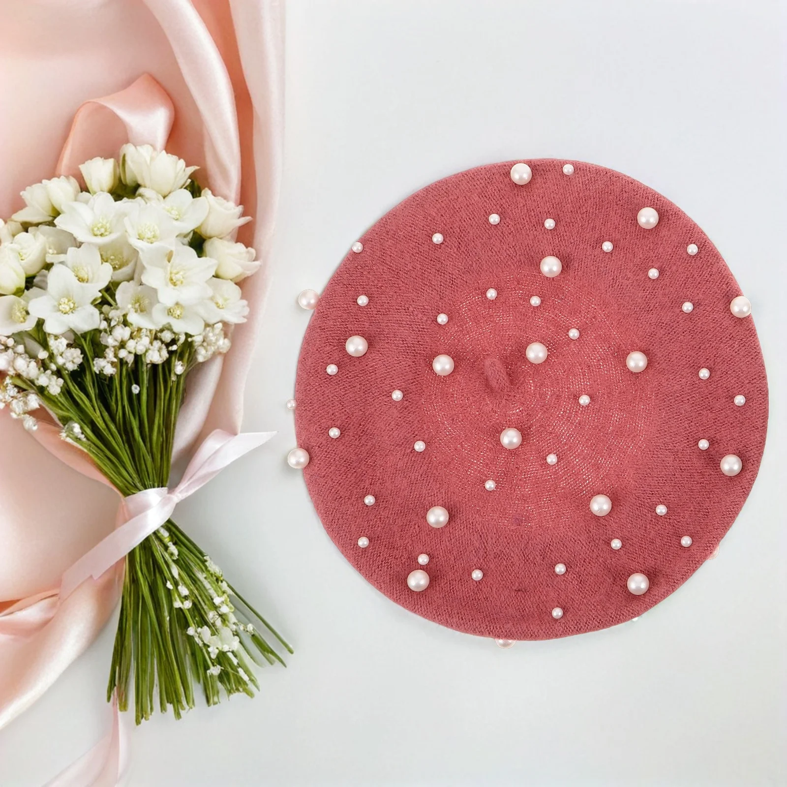 2 قطعة قبعات بيريه اللؤلؤ خمر للنساء أنيقة الخريف الفنان قبعة صوف السيدات بلون ملابس رسمية غير رسمية #3