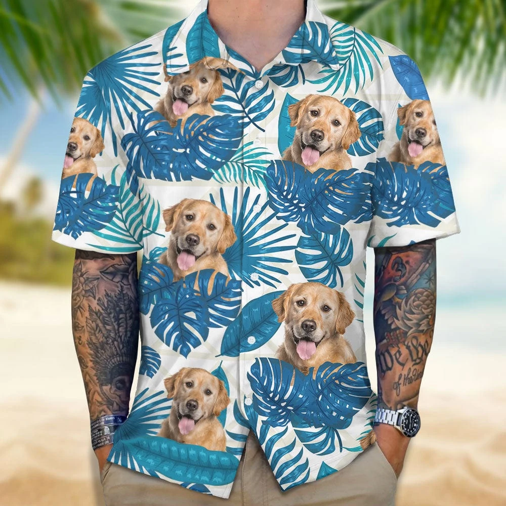 Custom Diy Golden Retriever Dog Face Hawaiian Shirt Men Blue Monstera Leaf Print Lapel Shirt Personalized Pet Photo Beach Blouse