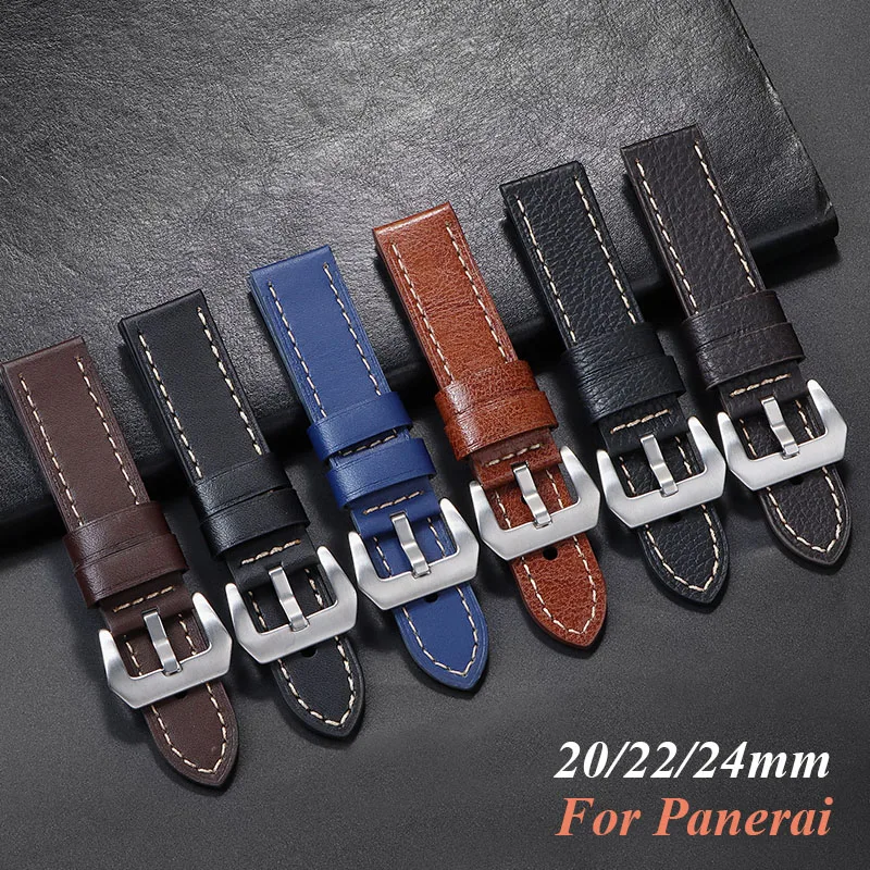 Fashion Watch Band Strap Sport Vintage Leather Watchband for Panerai Stainless Steel Buckle Watch Accessories 20mm 22mm 24mm