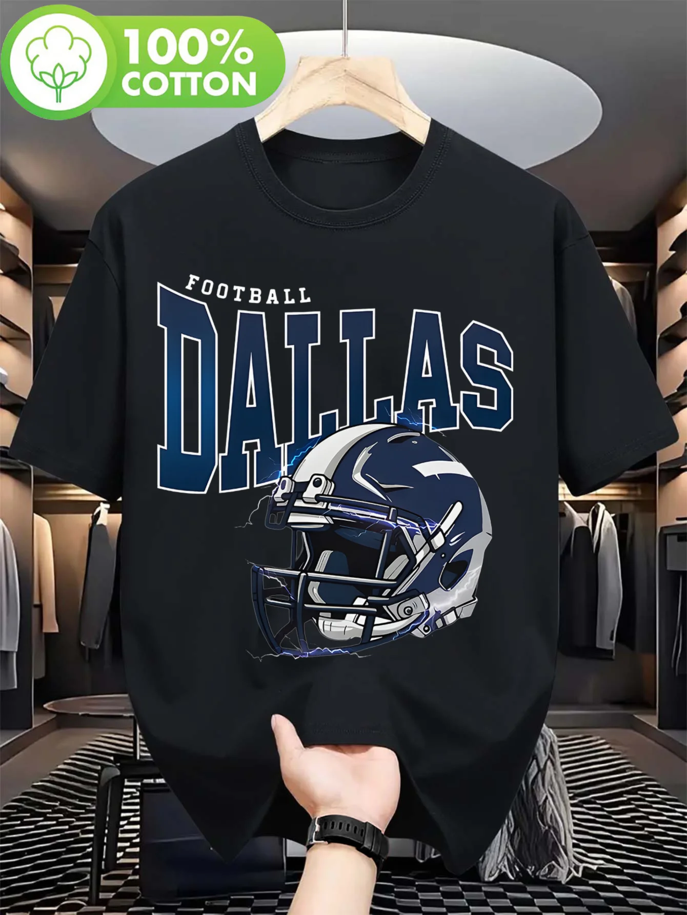 100% Cotton Men'S Dallas Football Helmet Graphic T-Shirt - Short Sleeve, Crew Neck, High Street Style, Perfect for Casual Wear,