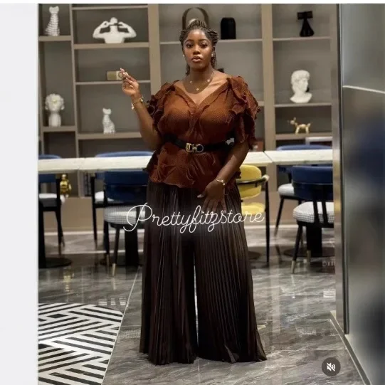 African Plus Size Fashion New V-neck Irregular Pleated Women's Short-sleeved Loose Top Casual Loose Waist Wide-leg Pants