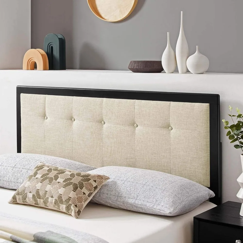 Draper Tufted King Fabric and Wood Headboard in Black Beige