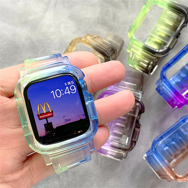 Gradient Clear Band For Apple Watch Series 8 7 6 5 4 Transparent Silicone Bracelet For Iwatch 41 45 42 38 40 44mm New Case+Strap