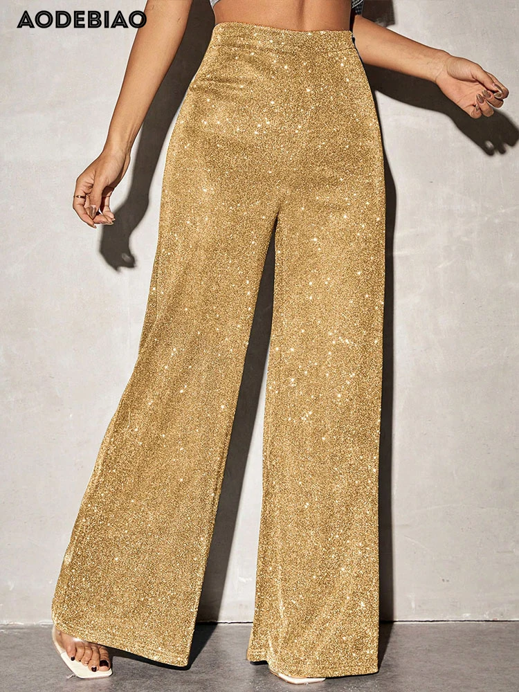 AODEBIAO Women's Wide leg Trousers Summer Elegant Basic New Pants Solid Fashion Glitter Streetwear Casual High Waist Trousers