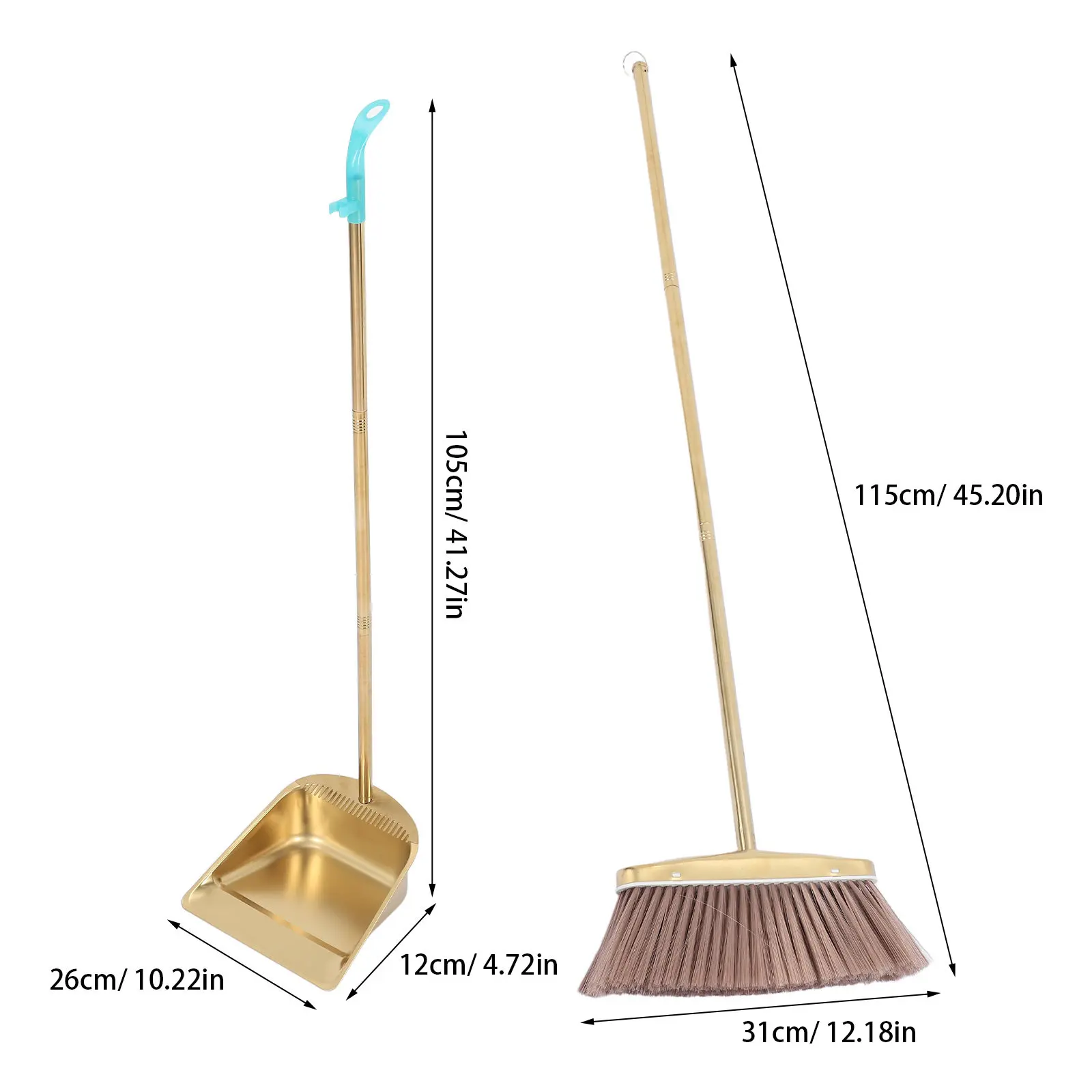 1 Set Gold Broom And Dustpan Set Heavy Duty Upright Standing Metal Dust Pan With Comb Teeth Long Handle Broom For Kitchen Sweep
