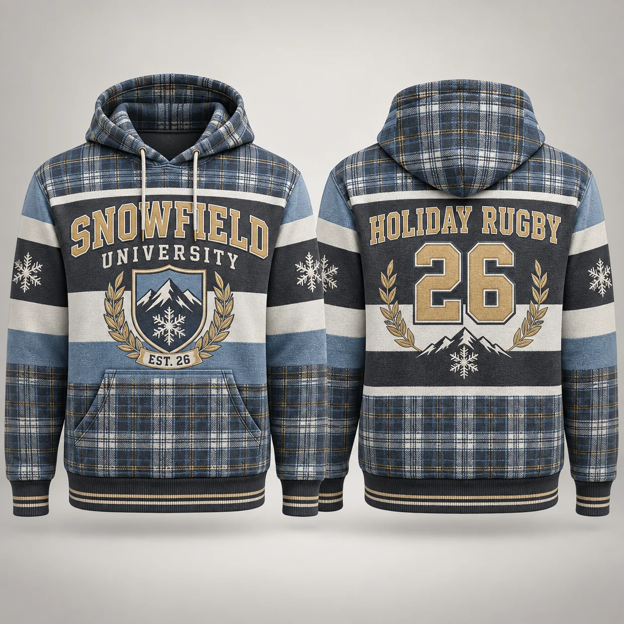 3D Printed Christmas College Hoodie Retro Plaid Crest Laurel Wreath Rugby Stripe Faux Knit Look Hooded Xmas Party Pullover Gift