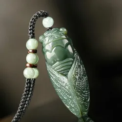 Natural Hetian Jade Cicada Pendant Beads Necklace Charm Jewellery Fashion Accessories Hand-Carved Amulet Gifts for Women Men