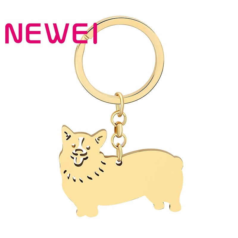 NEWEI Keychains Stainless Steel Gold-plated Corgi Dog Sweet Puppy Pet Car Key Bag Charms Animals Jewelry For Women Girls Gifts