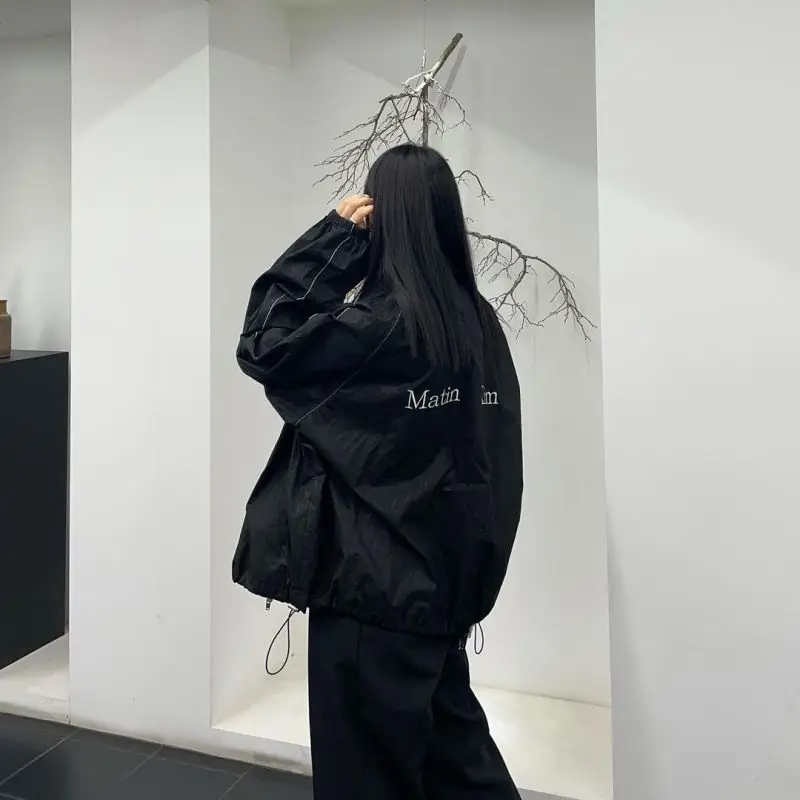 Matin Kim Fashion Glossy Loose Windbreaker, Drawstring Jacket Sun Protection Coat for Women
