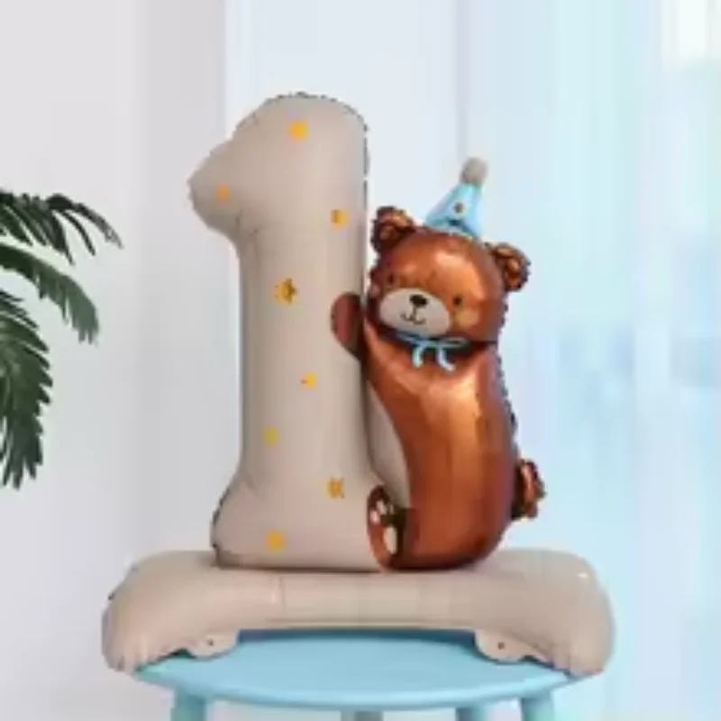 Precioso oso cachorro, globo Digital de papel de aluminio de un año, decoración de celebración de fiesta de cumpleaños para niños, globo de aniversario