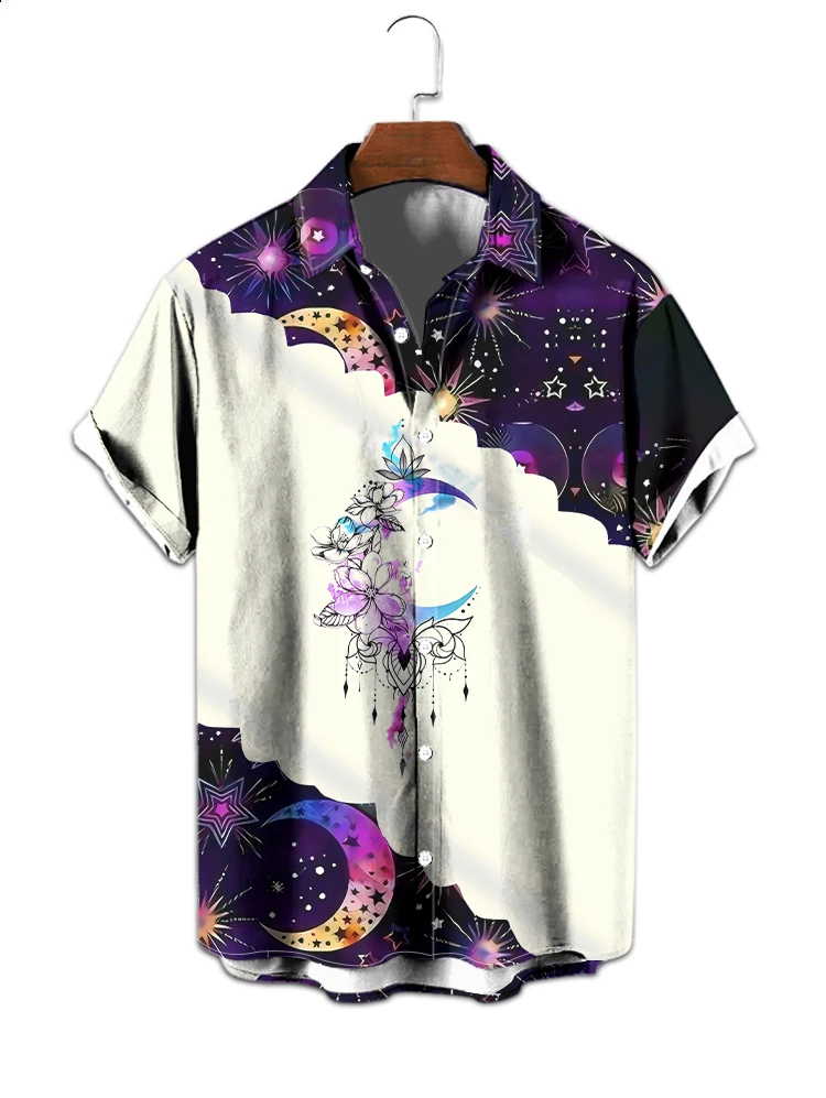 

Hot sale romantic fashion moon element 3D digital printing short sleeve men's shirt personality popular men's large size shirt