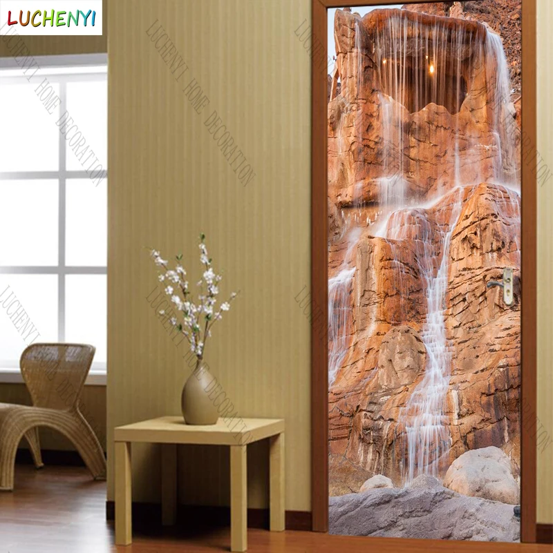 

Papel de parede red cliff stone waterfall water beautiful landscape door sticker bedroom door wallpaper mural , home decoration