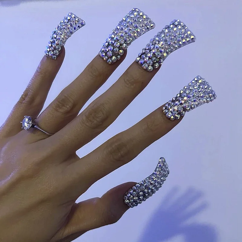 Feito à mão forma de pato bling strass imprensa em unhas personalizado capa completa prego falso com cola reutilizável unhas falsas festa