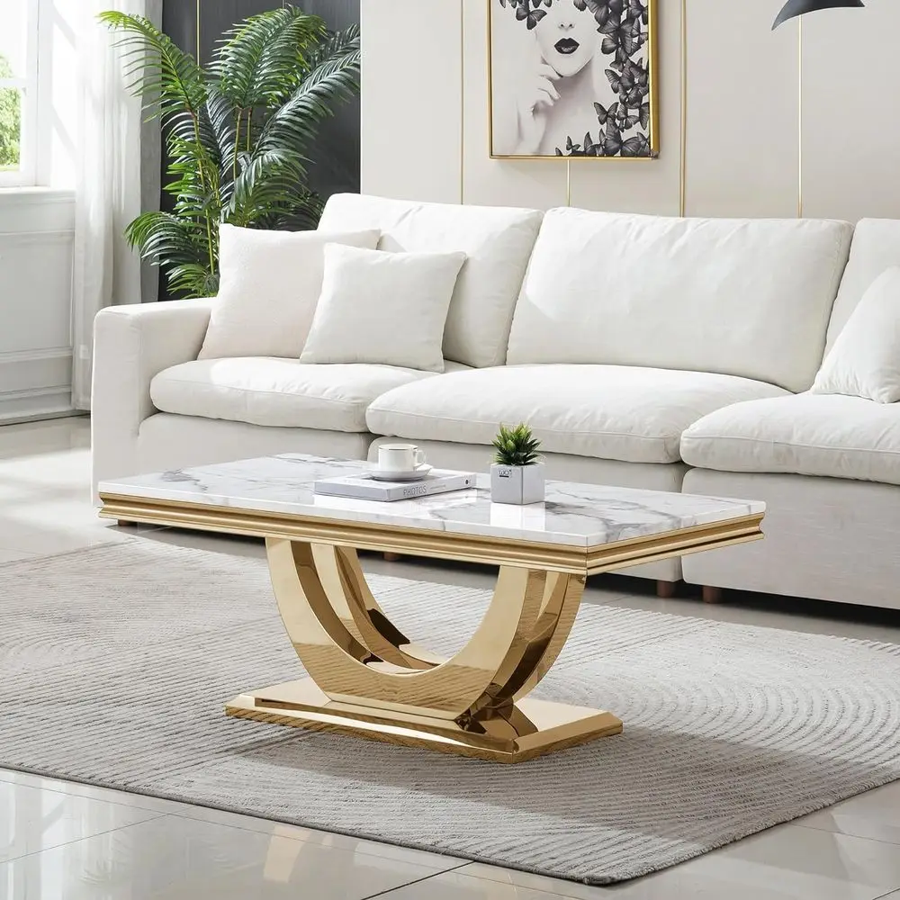 

Century White Gold Marble Coffee Table with Double Shape Stainless Steel Base for Living Room, Office, and Meeting Spaces