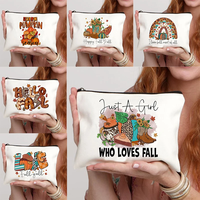 Thanksgiving Labels Pouch Pumpkin Season Make Up Bag Bags Leaf for Fall Holiday Party Gift Happy Fall Y'all White Mujer Bolsas