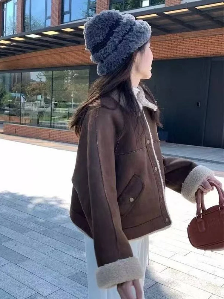 한국 스타일 양털 칼라 여성용 자켓 가을 겨울 가죽 퍼 루즈핏 소형 코트