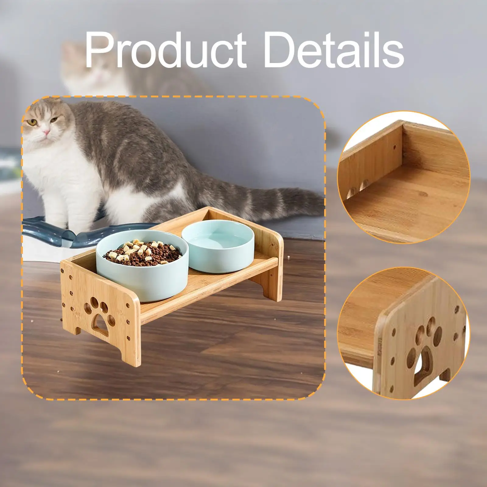 Elevated Pet Food Table Bamboo Double Feeding Tray Splash Guard Stand for Large Dogs and Cats