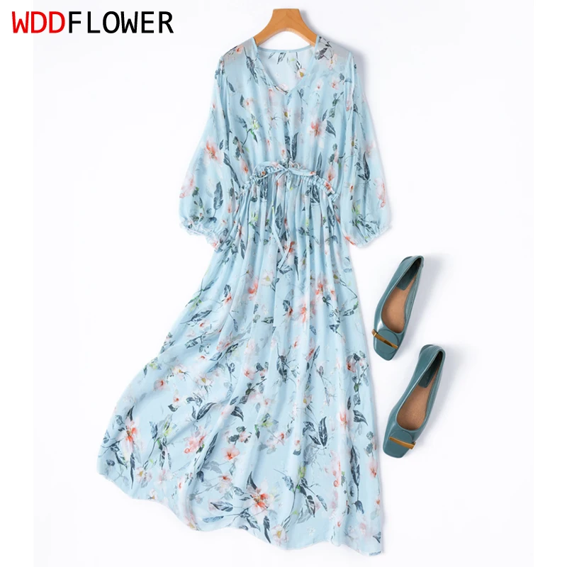 Women Dress 100% Mulberry Silk Sexy Transparent Blue Floral Print V neck Ruffle High waist Belted Waist Midi Dress M1328