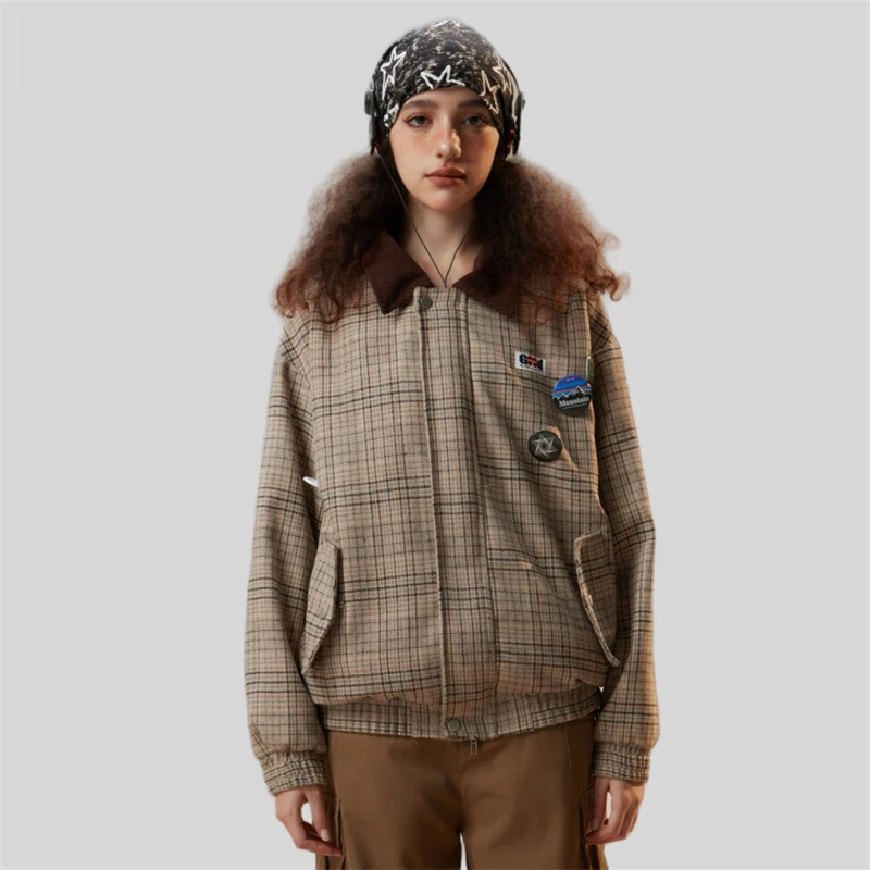 Oversized Plaid Bomber Jacket Women Y2k Street Fashion 2023 Autumn Womens Plaid Jackets Baseball Unisex Luxury Designer Coat Men