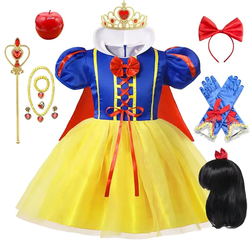 Snow White Princess Dress Kids Girl Costume With Cape Headwear Halloween Carnival Birthday Party Cosplay Children Clothes 1-12Y