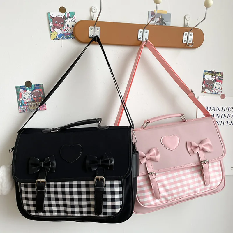 Japanese Backpack Bow Messenger Bag Student Checkerboard  Shoulder Bag For Teenagers Girls Backpack