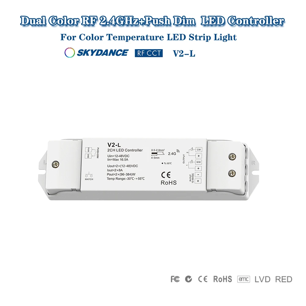 Skydance V2-L DC12-48V 2.4GHzRF+Push Dim 2CH 5A/CH PWM 0-100% CCT Dual Color LED Dimming Controller For Color Temperature Strip