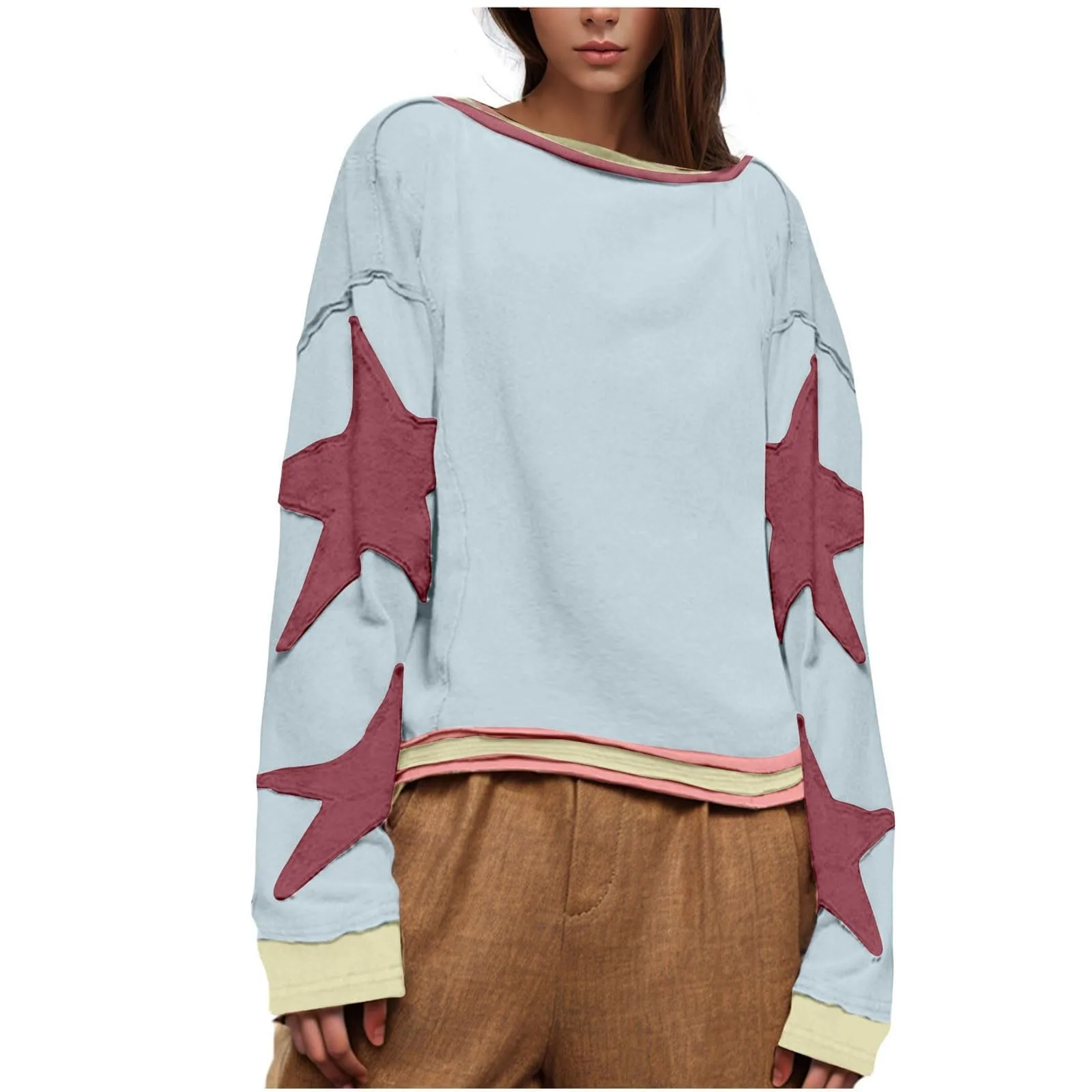 Women Loose Sweatshirt Classic Stripe Graphic Star Decor Long Sleeve Drop Shoulder Round Neck Pullovers Vintage Style Clothes