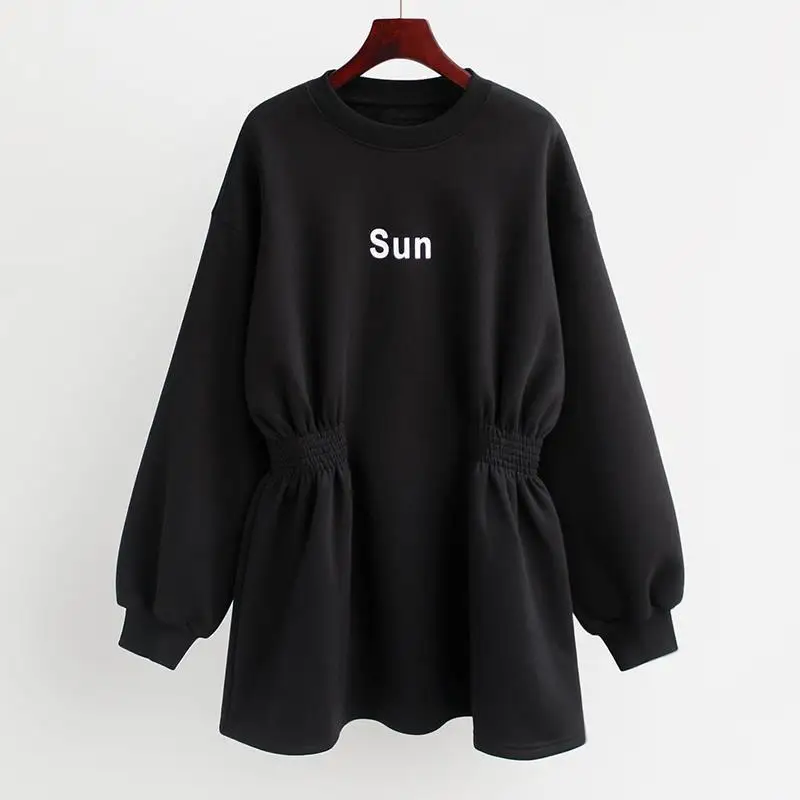 Plush Thickened Sweatshirt Dress Women 2022 Spring Chic Casual Slim  Loose Medium Length Waist Closing Pullover Long Sweatshirt