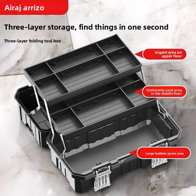 Three Layer Folding Tool Box with Metal Latch and Stainless Steel Edge, Multi Layer Storage Case for Auto Repair, Electrician