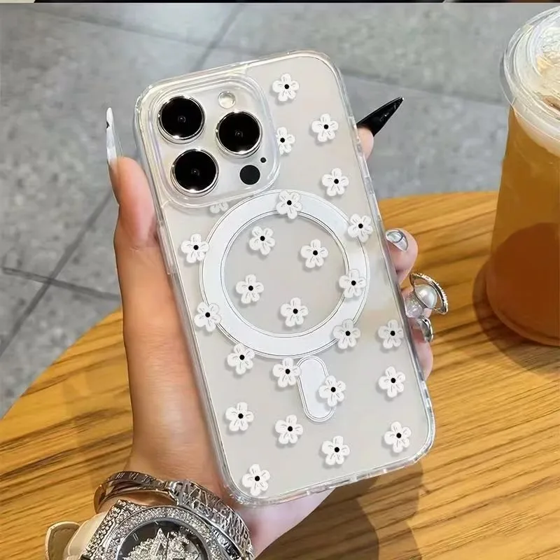 For iPhone 17 16 15 14 13 12 11 Pro Xs Max Plus Air Mini XR X 17e 16e White Small Flower Phone Case With Anti Drop Magsafe Cover - view 3