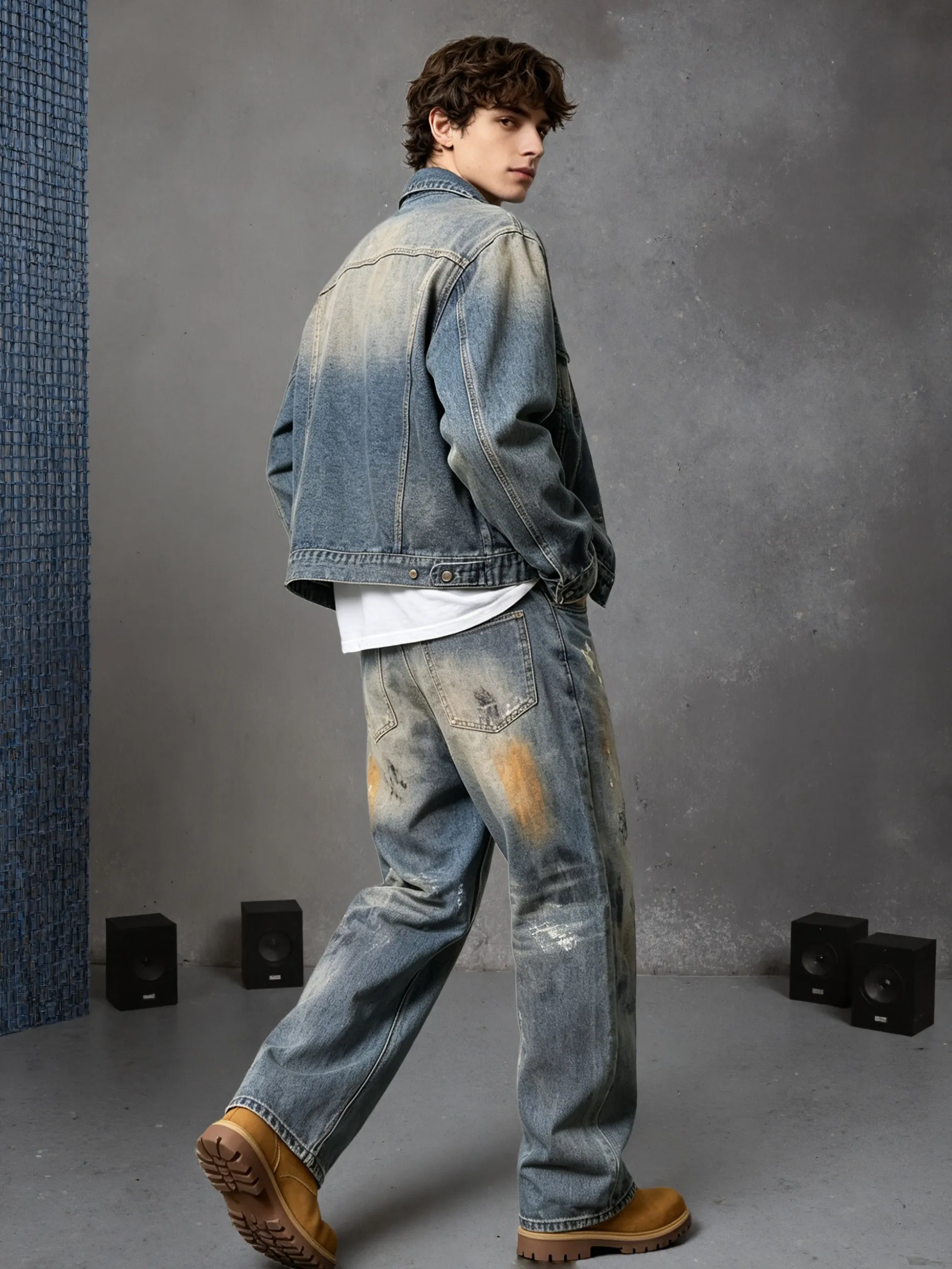 【HME】Men's Jeans | Retro Street‑Inspired Denim Pants For Men, Faded Mud‑Dyed Graffiti‑Look Denim Jeans, Oversized Straight‑Cut Male Denim Trousers, Heavy‑Weight Fabric Denim Bottoms, Fashion Denim Pants For Urban Casual And Street Occasions