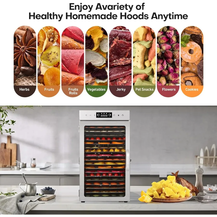 مجفف الطعام لأعشاب لحم البقر والفواكه المتشنجة مع 18 صينية تصميم كامل من الفولاذ المقاوم للصدأ شاشة LED درجة حرارة مؤقت قابلة للتعديل #4