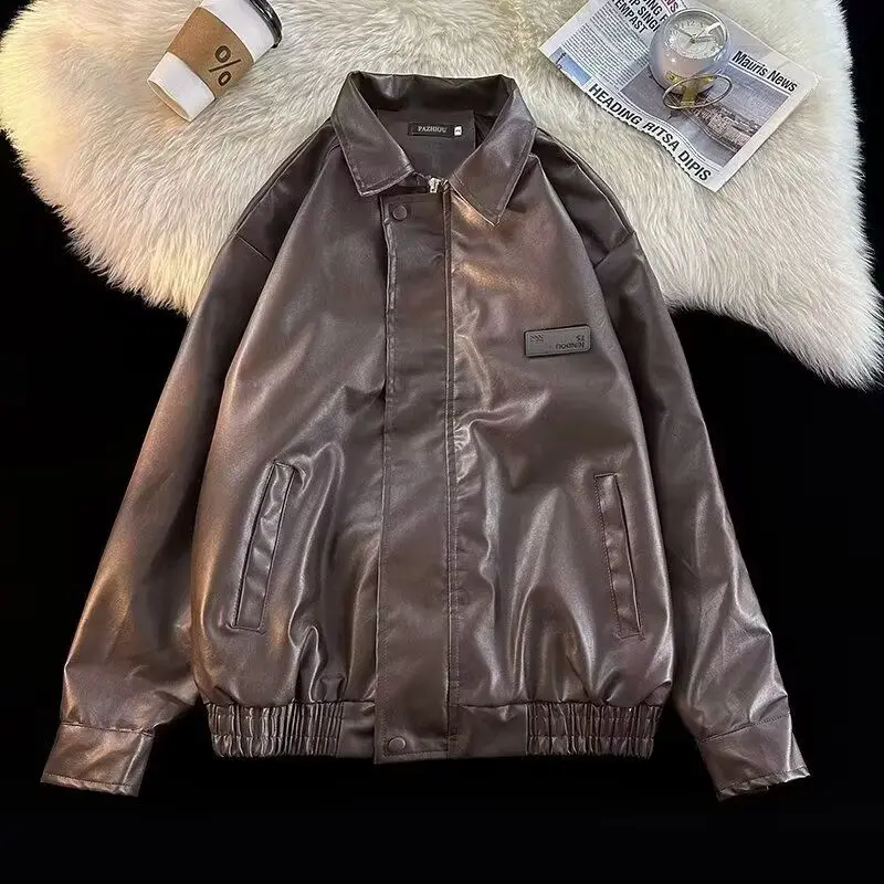 

American Sle PU Leather Jaet Men's Autumn Trendy Hiphop Motorcycle Jaet Couple High Street Baseball orm Loose Fit