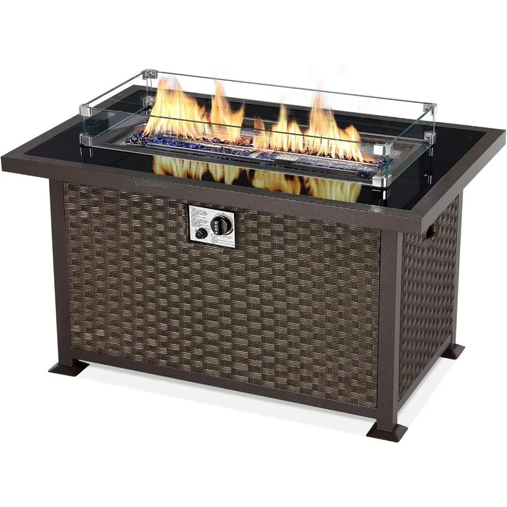 44in Outdoor Propane Gas Fire Pit Table, 50,000 BTU Auto-Ignition Gas Firepit with Glass Wind Guard, Black Tempered Glass