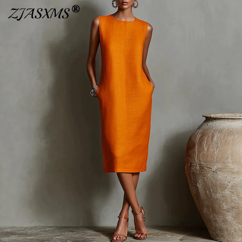 Elegantes Minimalistisches Damen-Midikleid Bohemian Ärmellos Rundhals Gerades Kleid mit Seitentasche Einfarbig Resort-Kleidung Bürodamen-Kleid