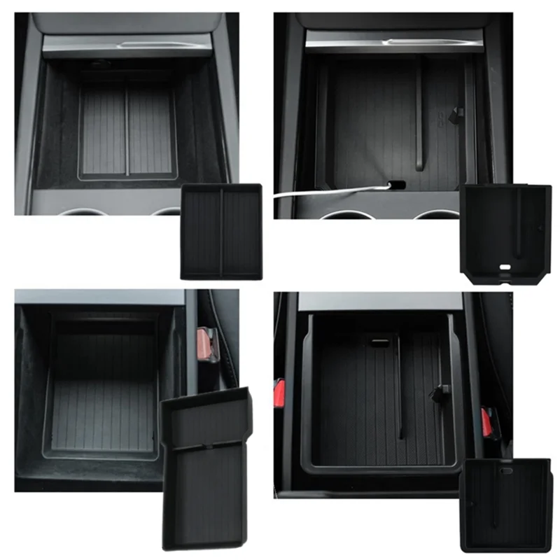 

4 Piece Center Console Organizer Lower Bottom Storage Tray Armrest Storage Box Black ABS For Tesla Model 3 Highland 2024