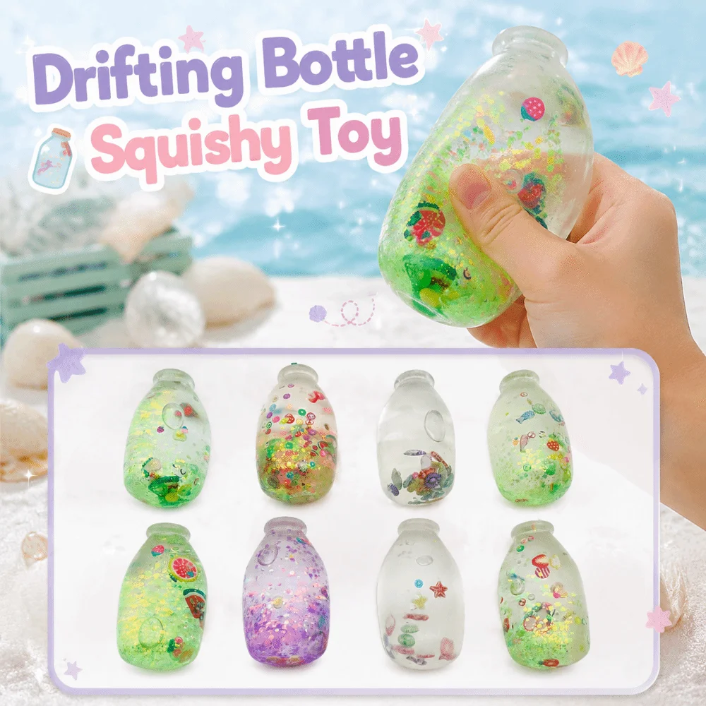 Creative Drifting Bottle Squishy Toy Super Soft Sequins Water Bottle Squeeze Toy Funny Kneading Sensory Stress Ball