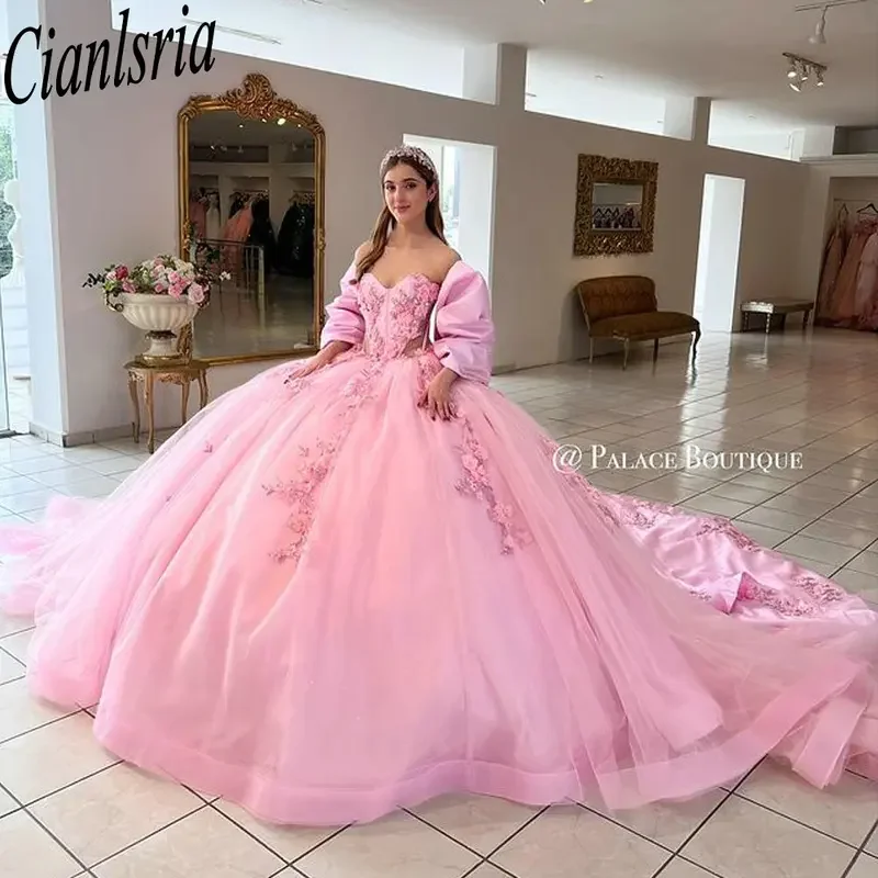 الوردي ثلاثية الأبعاد الزهور يزين الدانتيل فساتين Quinceanera الكرة ثوب الوهم Sinetheart القوس مشد فساتين XV Anos