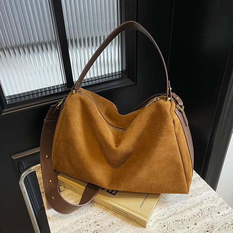 Soft Suede Leather Handbag for Women Cozy Large Shoulder Bag Female Zip Closure Hobos 2024 New Girls Purse