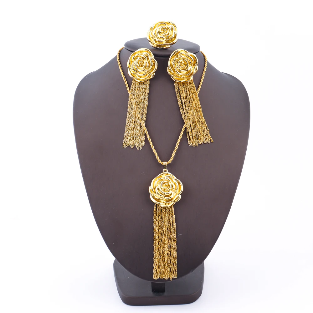 

YM Rose Jewelry Sets for Women Elegant Rosae Charm Chain Dubai Gold Plated Ring Necklace and Tassel Earrings Jewelry Accessorie