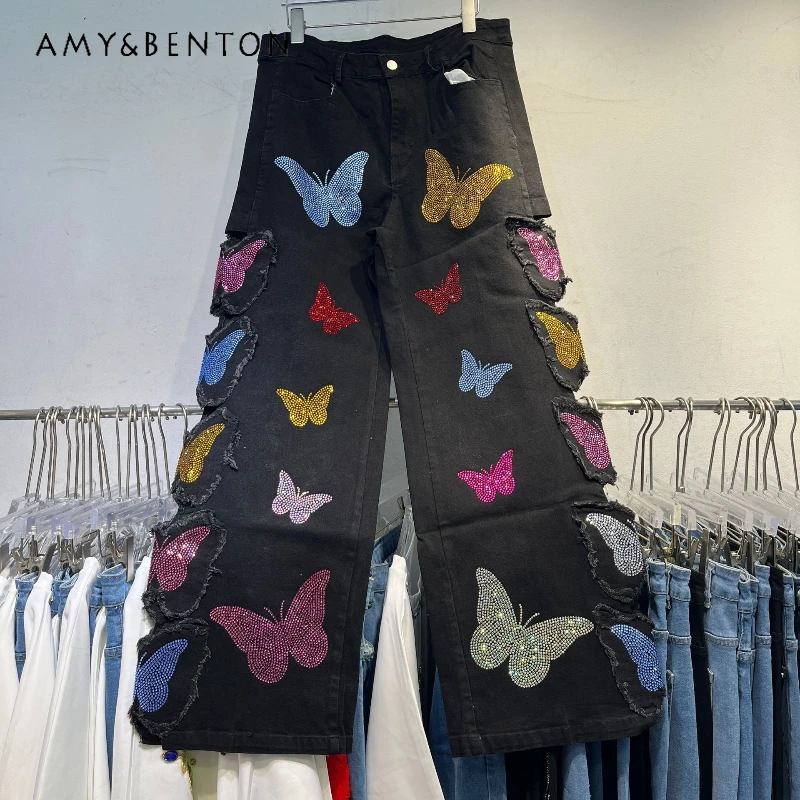 

Vintage Popular New Design Trousers Heavy Industry Rhinestone Colorful Butterfly Denim Wide-Leg Pants Women's Versatile Jeans